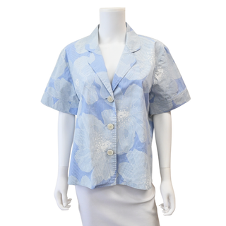 Blue White Floral Button-Up Short Sleeve Blouse