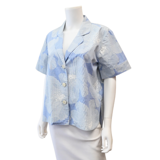CAROLINA HERRERA | Blue White Floral Button-Up Short Sleeve Blouse