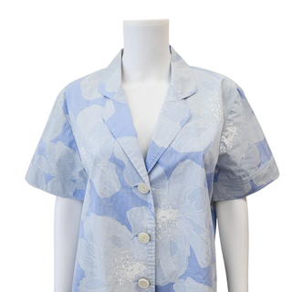 CAROLINA HERRERA | Blue White Floral Button-Up Short Sleeve Blouse