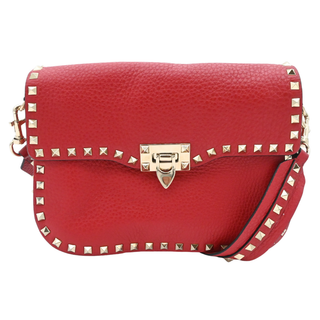 VALENTINO | Red Leather Rockstud Lock Flap Crossbody Bag