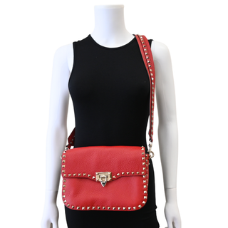 Red Leather Rockstud Lock Flap Crossbody Bag