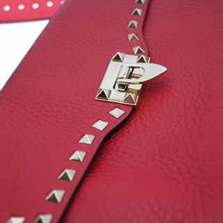Red Leather Rockstud Lock Flap Crossbody Bag