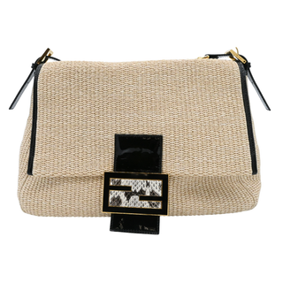 Beige Straw Baguette Shoulder Bag
