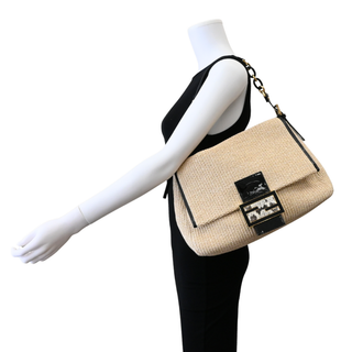 Beige Straw Baguette Shoulder Bag