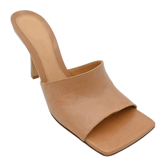 Dark Beige Leather Square Toe Heeled Mules