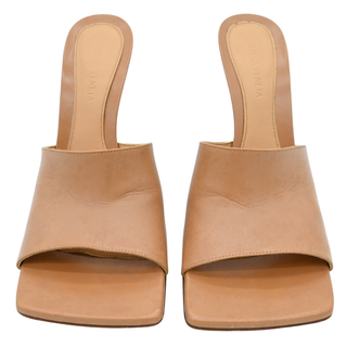 Dark Beige Leather Square Toe Heeled Mules