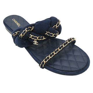 CHANEL | Navy Suede Chain Trim Quilted Slide Sandals