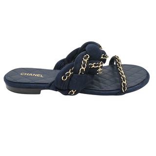 CHANEL | Navy Suede Chain Trim Quilted Slide Sandals