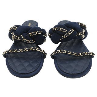 CHANEL | Navy Suede Chain Trim Quilted Slide Sandals
