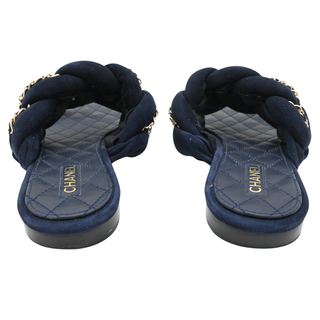 CHANEL | Navy Suede Chain Trim Quilted Slide Sandals