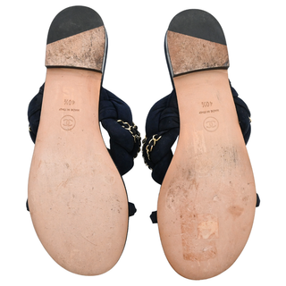 CHANEL | Navy Suede Chain Trim Quilted Slide Sandals
