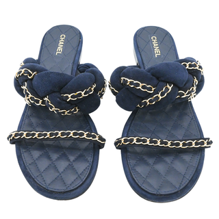 CHANEL | Navy Suede Chain Trim Quilted Slide Sandals