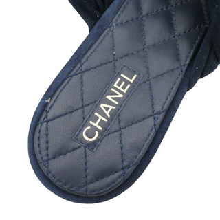 CHANEL | Navy Suede Chain Trim Quilted Slide Sandals