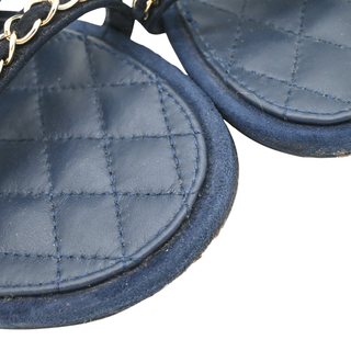 CHANEL | Navy Suede Chain Trim Quilted Slide Sandals