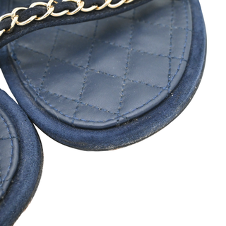 CHANEL | Navy Suede Chain Trim Quilted Slide Sandals