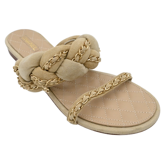 CHANEL | Beige Suede Chain Trim Quilted Slide Sandals