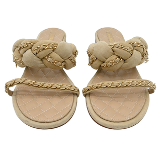 CHANEL | Beige Suede Chain Trim Quilted Slide Sandals