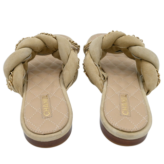CHANEL | Beige Suede Chain Trim Quilted Slide Sandals