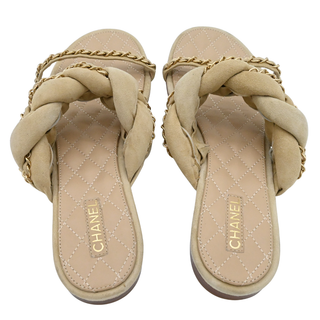 CHANEL | Beige Suede Chain Trim Quilted Slide Sandals