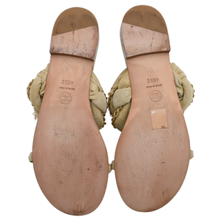 CHANEL | Beige Suede Chain Trim Quilted Slide Sandals