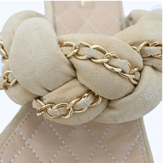 CHANEL | Beige Suede Chain Trim Quilted Slide Sandals