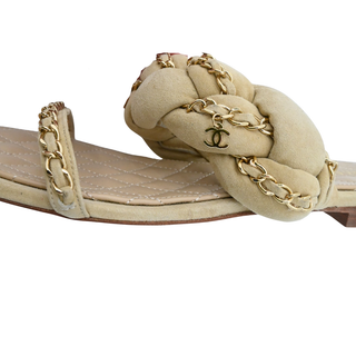 CHANEL | Beige Suede Chain Trim Quilted Slide Sandals