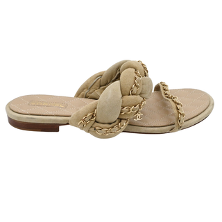 CHANEL | Beige Suede Chain Trim Quilted Slide Sandals