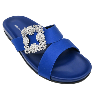 MANOLO BLAHNIK | Chilanghi Blue Satin Jewel Buckle Flat Mules