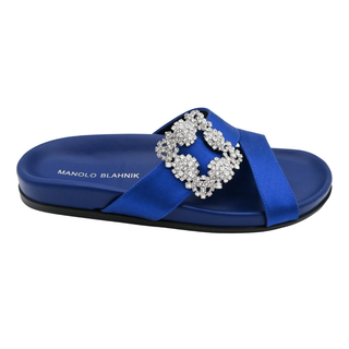 MANOLO BLAHNIK | Chilanghi Blue Satin Jewel Buckle Flat Mules