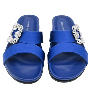 MANOLO BLAHNIK | Chilanghi Blue Satin Jewel Buckle Flat Mules