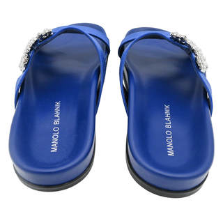 MANOLO BLAHNIK | Chilanghi Blue Satin Jewel Buckle Flat Mules