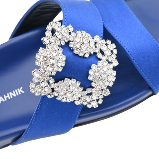 MANOLO BLAHNIK | Chilanghi Blue Satin Jewel Buckle Flat Mules