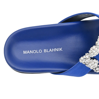 MANOLO BLAHNIK | Chilanghi Blue Satin Jewel Buckle Flat Mules