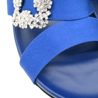 MANOLO BLAHNIK | Chilanghi Blue Satin Jewel Buckle Flat Mules