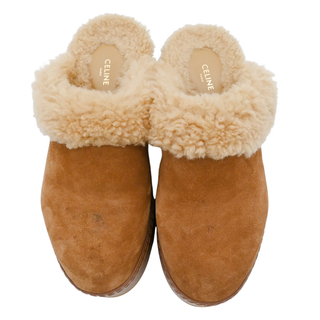 CELINE | Tan Suede Shearling Dana Mules