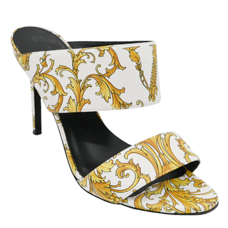 Yellow & White Baroque Print Leather Mules