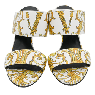 Yellow & White Baroque Print Leather Mules
