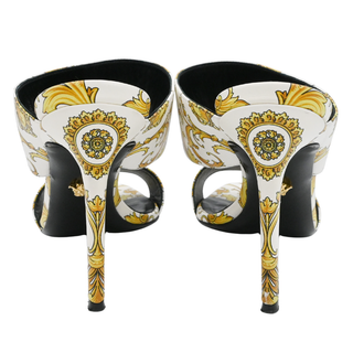 Yellow & White Baroque Print Leather Mules