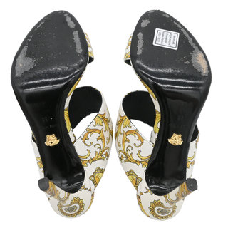 Yellow & White Baroque Print Leather Mules