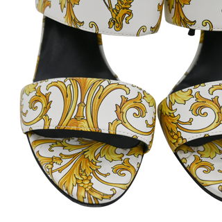 Yellow & White Baroque Print Leather Mules