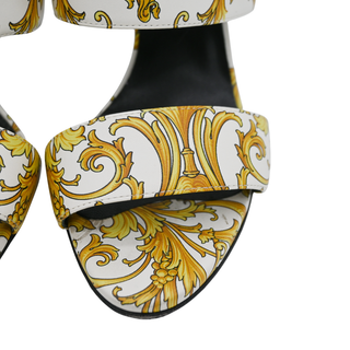 Yellow & White Baroque Print Leather Mules