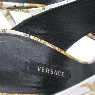Yellow & White Baroque Print Leather Mules