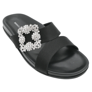 Chilanghi Black Satin Jewel Buckle Flat Mules