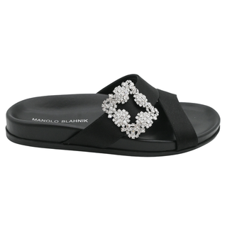 MANOLO BLAHNIK | Chilanghi Black Satin Jewel Buckle Flat Mules