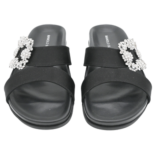 Chilanghi Black Satin Jewel Buckle Flat Mules