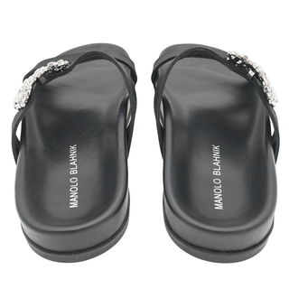 MANOLO BLAHNIK | Chilanghi Black Satin Jewel Buckle Flat Mules