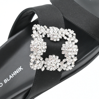 MANOLO BLAHNIK | Chilanghi Black Satin Jewel Buckle Flat Mules