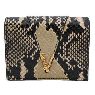 Black & Beige Python Embossed Leather V Logo Wallet