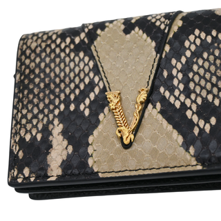 Black & Beige Python Embossed Leather V Logo Wallet