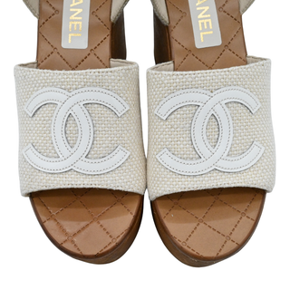 CHANEL | Ivory Woven CC Wooden Platform Sandals